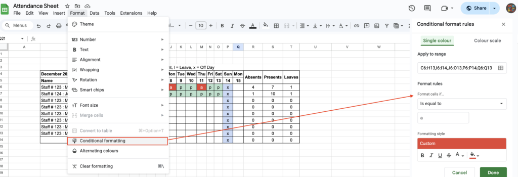 Attendance sheet in spreadsheet